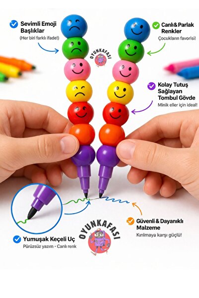 OYUNKAFASI Emoji Başlıklı Keçeli Kalem 2 Adet – Renkli Eğlenceli Çocuk Kalemi...