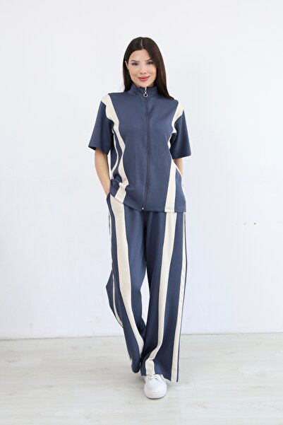 sportiness Zipper Detailed, Decorated, Wide Leg Modal Fabric Tracksuit Set