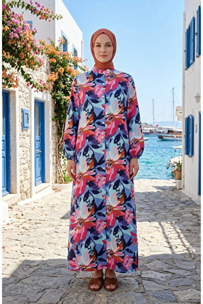 sefamerve Patterned Buttoned Elastic Sleeve Dress 0251-03 Fuchsia Indigo