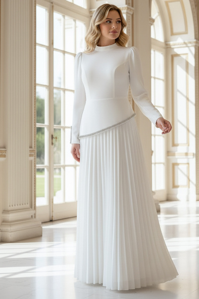 DENİMİNİ Nişan - Söz - Nikah Tesettür abiye elbise Ekru - DNM1106