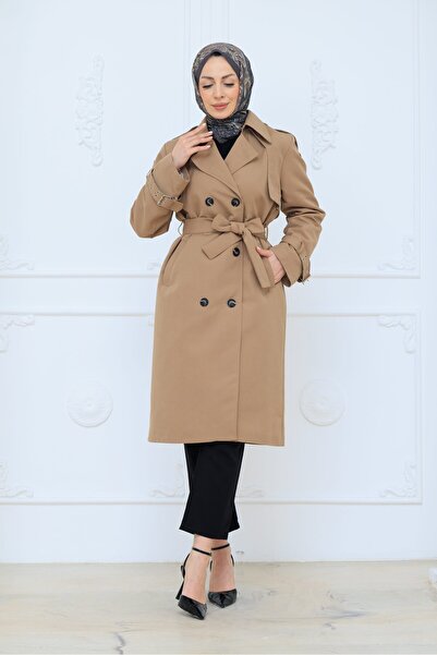 PAVENTİ Şık Detaylı Kemerli Düğmeli Trençkot Taba