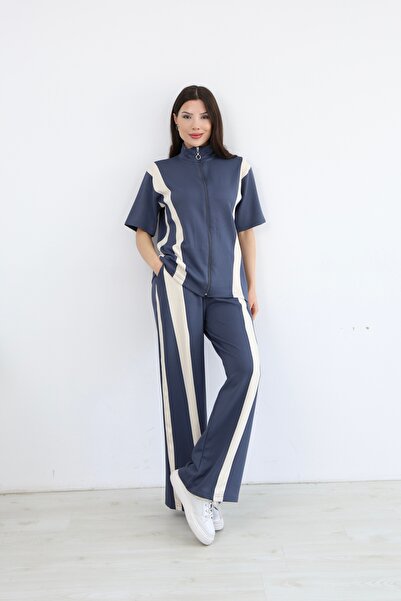02Lady Fashion Garnili Detailed Zippered Wide Leg Modal Fabric Tracksuit Set