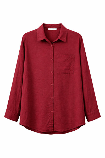 Mixray 4670 Дамска овърсайз базова ленена риза с джобове, бордо