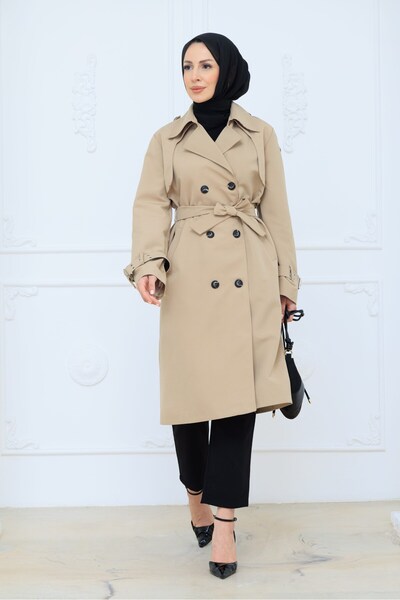 PAVENTİ Şık Detaylı Kemerli Düğmeli Trençkot Krem