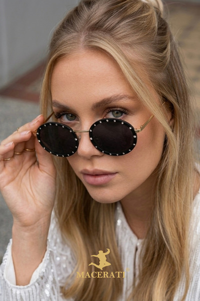 MACERATİ Jewells Women's Oval Black Sunglasses with Silver Stone Accessories,...