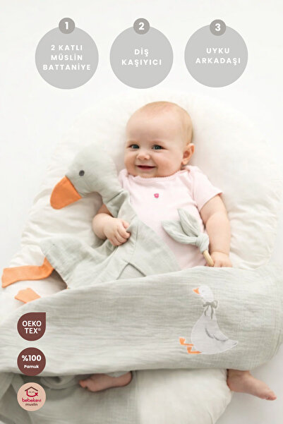 Bebekevi Müslin Bebek Seti 3 Parça (%100 Pamuk Battaniye, Uyku Arkadaşı & Diş...