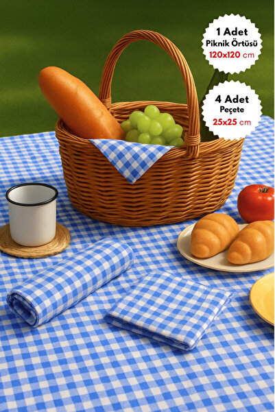 Bimotif 5 parça pötikare piknik seti, masa örtüsü ve 4 peçete Mavi (120x120 cm)