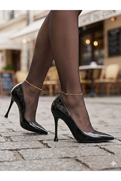 VONJE LISA Siyah Rugan Sivri Burun Stiletto Kadın Ayakkabı Topuk Boyu 9,5 cm