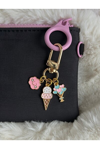 WhimsyWhite Ice Cream, Heart Balloon and Smiling Cloud Figured Keychain - Gol...
