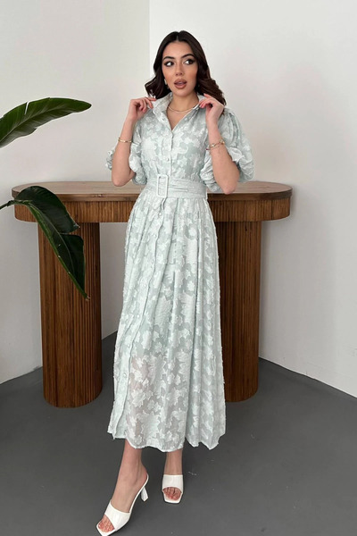 cemo Kadın Sarı Kemerli Balon Kollu Jakarlı Midi Elbise