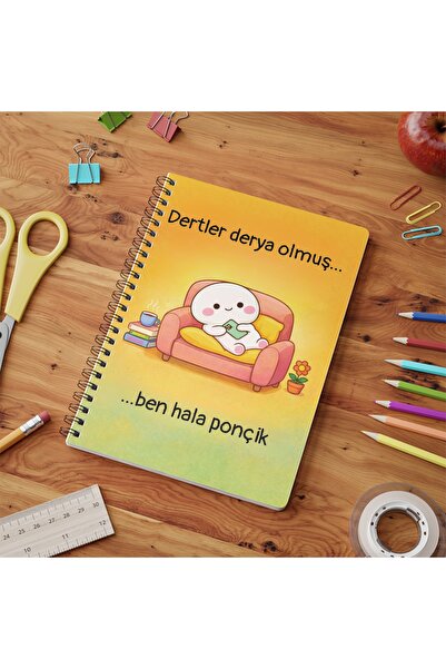 Sevimli Karakter "Dertler Derya Olmuş Ben Hala Ponçik" A5 Spiralli Not Defteri | Çizgili Günlük
