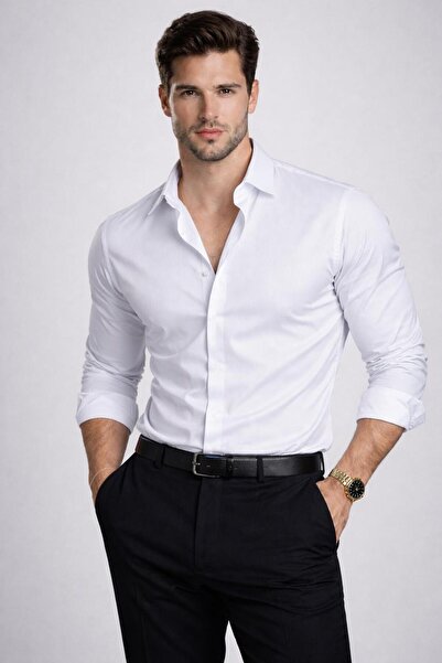 BYBÜLENT Men's White Long Sleeve Slim Fit Bella Pure Satin Light Lycra Specia...