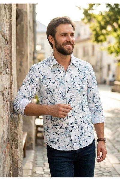 YusGos Cămașă pentru bărbați, cu mânecă lungă, din bumbac pieptănat, cu model...