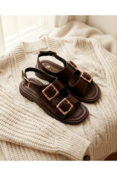 BİR-SEN SHOES Linia 3 Buckle Women's Summer Sandals Gold Buckle