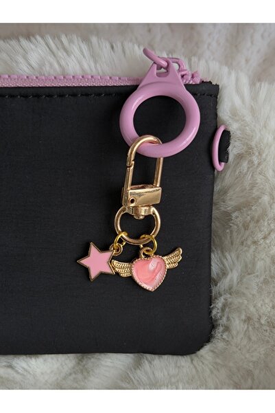 WhimsyWhite Winged Pink Heart and Minimal Star Figured Keychain - Gold Bag Ac...