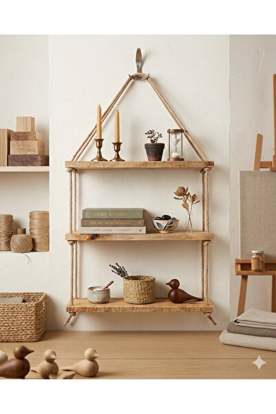 MİPOY 3 Katlı Ahşap Halatlı Duvar Rafı Dekoratif Askılı Raf Kitaplık ve Duvar...