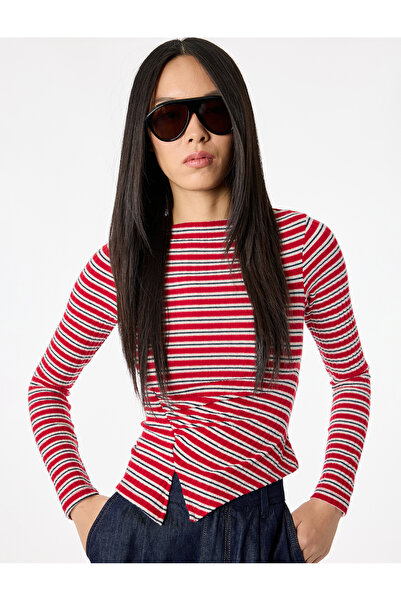 Koton Striped Asymmetrical Cut Boat Neck Long Sleeve Blouse