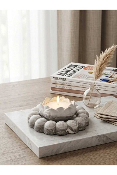 aura mum Mermer Desenli Dekoratif Taş Tozu Lotus Mumluk