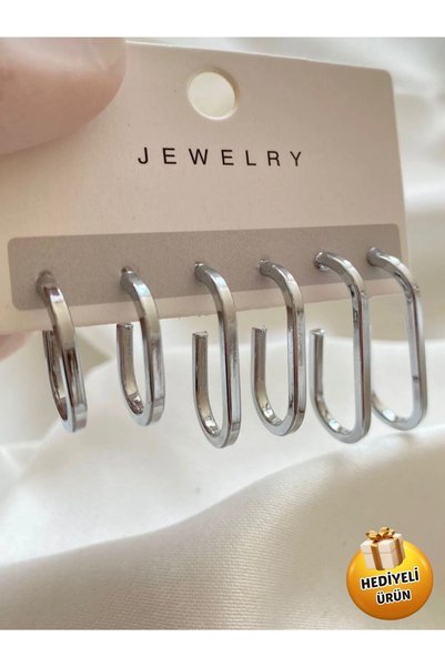 Piercing Market Steel & Silver Silver Color 3 Pairs U Hoop Gift Earrings