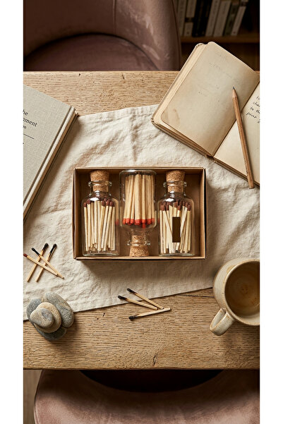 memyap 3’lü Cam Şişe Dekoratif Kibrit Seti – Doğal Tasarım Hediye Kutulu