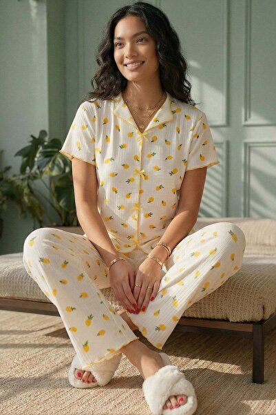 Niket Life Women's Lemon Patterned Ribbed V-Neck Short Sleeve Long Camisole P...