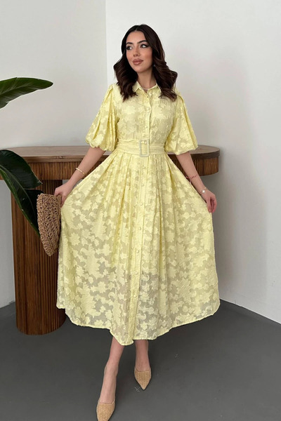 cemo Kadın Sarı Kemerli Balon Kollu Jakarlı Midi Elbise