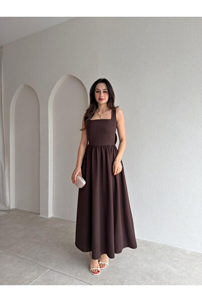 Mooi Butik Lydi̇a Bow Detailed Maxi Dress 4818 - Bitter Brown