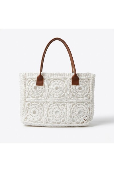 BEFELLE HOME Kadın Beyaz Örgü Desenli Deri Saplı El Çantası