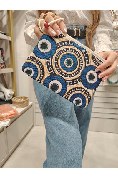 Bursa İpek BURSA NAZAR BONCUK DESENLİ FERMUARLI KÜÇÜK BOY CLUTCH EL ÇANTASI