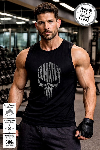 BESSA Black Punisher Printed Crew Neck Sports Athlete's Undershirt Premium Th...