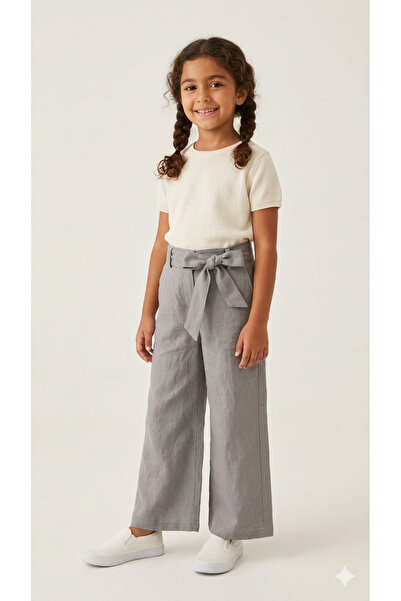 ADA YILDIZ KİDS Girl's Linen Trousers Gray Color with Belt 6/15 Years