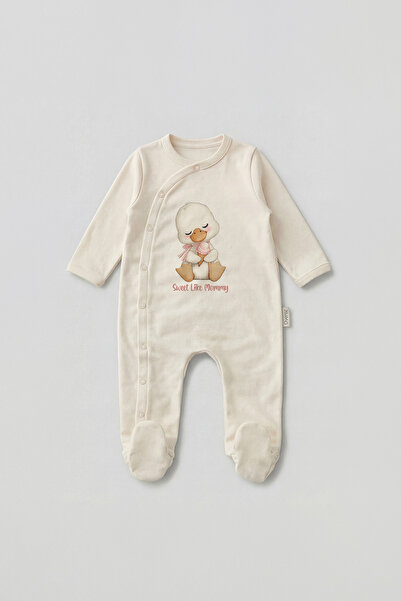 Overoz Kız Bebek Patikli Tulum Anne Sweet Mommy Baskılı Çıtçıtlı Ekru Zıbın Tulum 5948