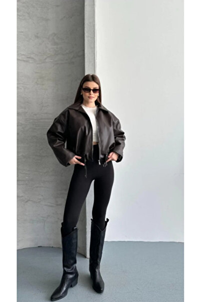 Rowsmen Kadın Oversize Deri Ceket– Oversize Relax Fit, Fermuarlı Kemer Detayl...