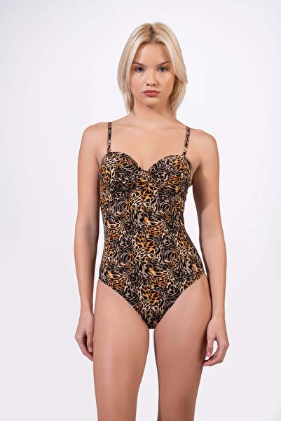 Endeep Women's Leopard Patterned Strappy One-Piece Swimsuit with Drawstring D...