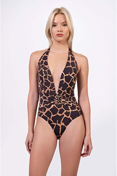 Endeep Women's Patterned V-Neck Brown Swimsuit with Accessories