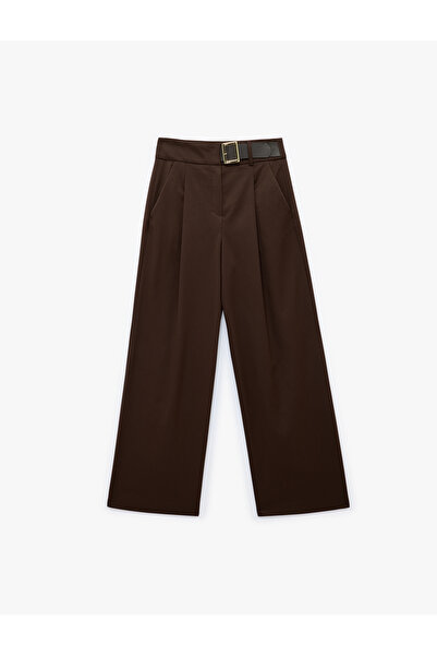 Koton Comfortable Fit Wide Leg Trousers with Pocket and Belt Detail