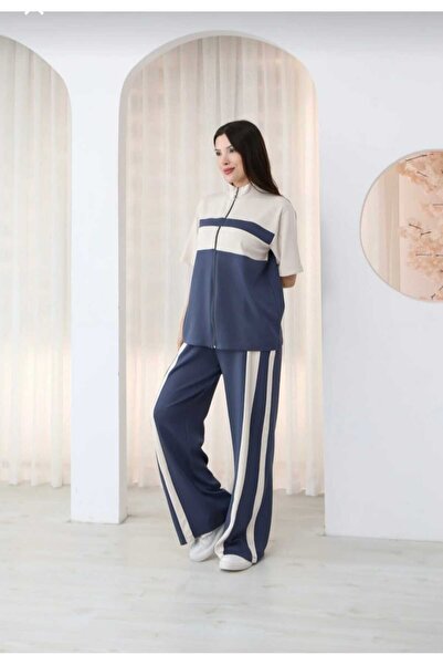 LAVRE Modal Fabric Oversize Stripe Detailed Zippered Tracksuit Set – Soft Tex...