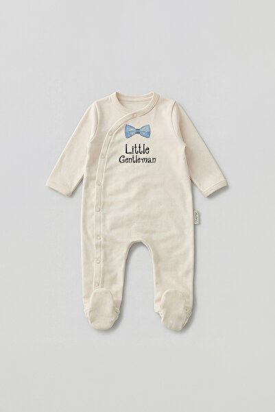 Overoz Erkek Bebek Patikli Tulum Little Gentleman Baskılı Çıtçıtlı Ekru Zıbın Tulum 5011