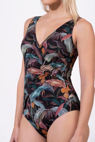 Endeep Women's Double-Breasted Collar Patterned Gathering Swimsuit