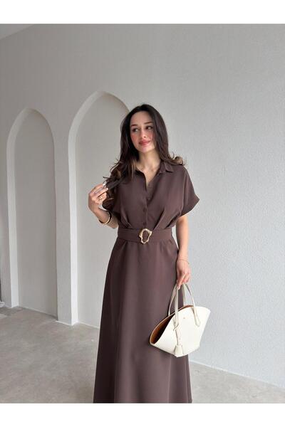 Mooi Butik فستان روكسي ميدي 9025 - بني غامق