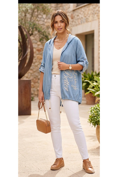 MODA Mavi yazıdetaylı fermuarlı kapüşonlu katlama kol A kalite tarzınızı yüks...