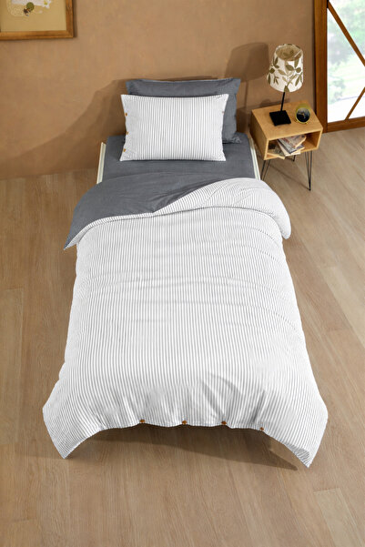 Cottonest طقم غطاء لحاف مفرد مخطط من القطن مقاس 160x220 – |   أنثراسيت