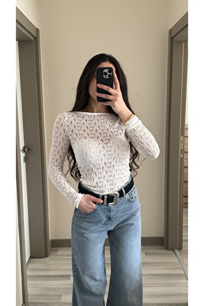 CurcunaShop Women's Boat Neck Transparent Lace Blouse