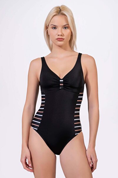 Endeep Beria Women's Plus Size Gathered Swimsuit with Stripe Detail