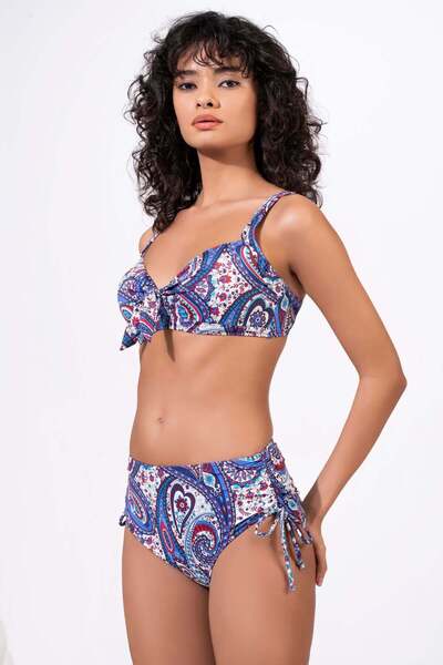 Endeep Women's Plus Size Underwire Supported Blue Ethnic Patterned Bikini Set