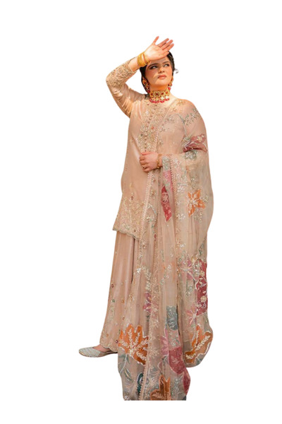 MYSMAR Peach Chinon Top Pent & Dupatta - HRT7224 - Peach