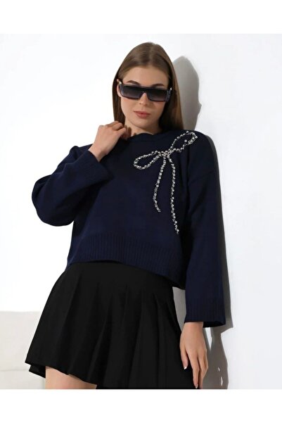 Kağanbutik Kurdale Model Stone Embroidered Short Sweater