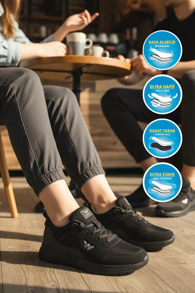 WALKWAY Pantofi sport unisex cu șireturi, negri, din plasă ușoară 7001 Omina G