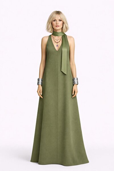 ALYEL NAKER Sleeveless Maxi Length Khaki Crepe Dress