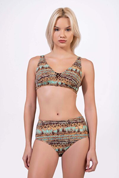 Endeep Women's Adjustable Strap Lurex Patterned Gathered High Waist Bikini Set